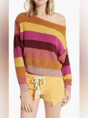 Free People Striped Off-Shoulder Multi-Color Women's Sweater